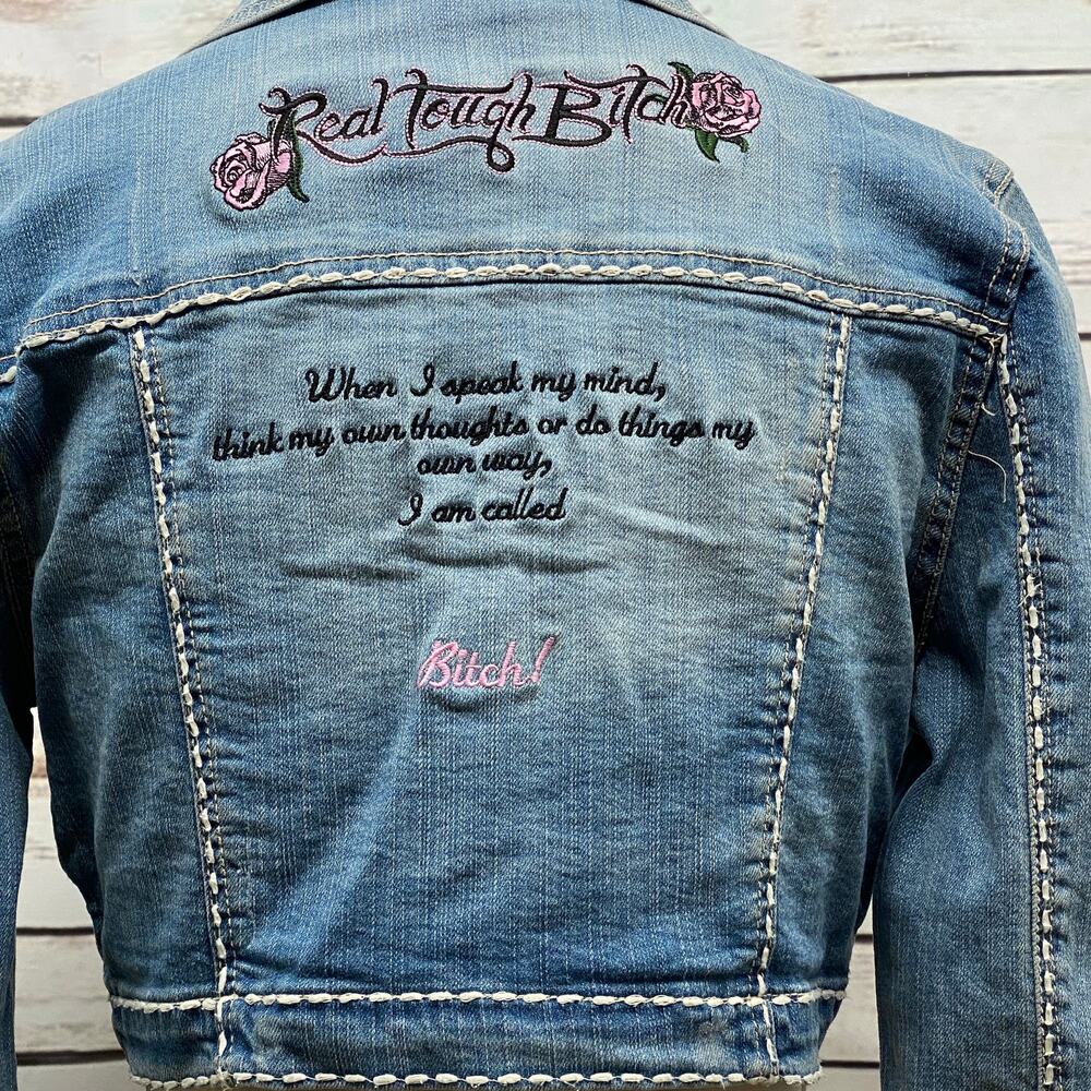 RTB Real Tough B itch Denim Jacket LARGE Biker Babe Blue Jean Embroidered Bling